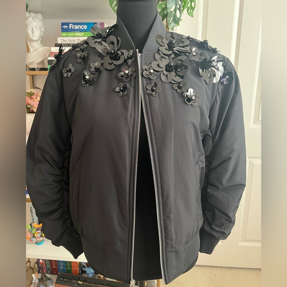 Embellished bomber jacket 3D floral sequin